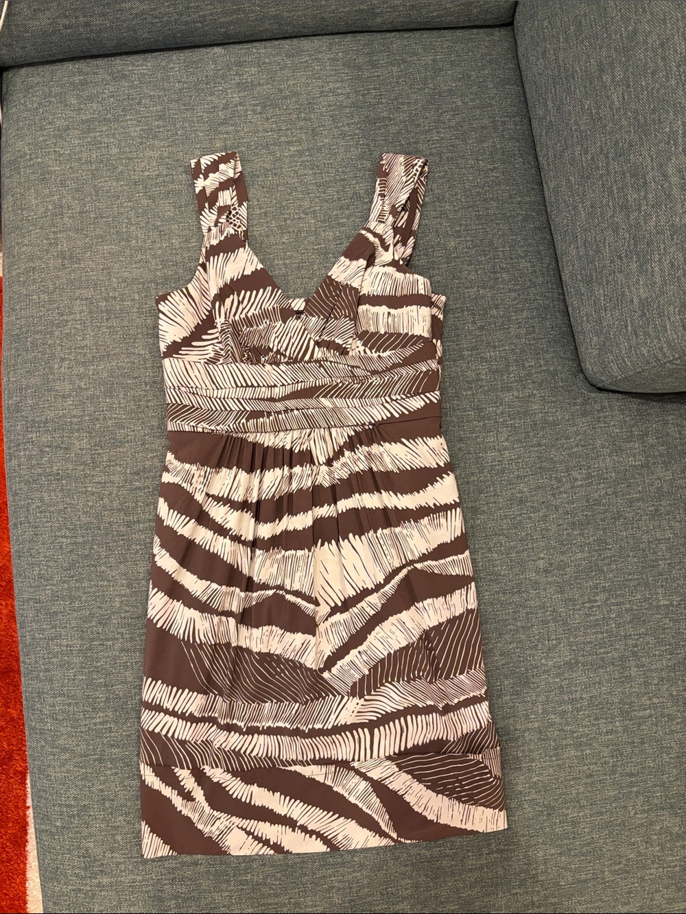 Sleeveless Brown & Light Blue/Green Patterned V-Neck Dress